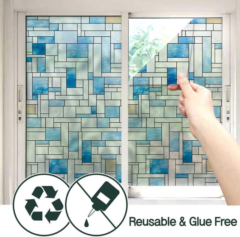 BEAUS TILE UNI Window Film Static Clings Non Adhesive 3D Stained Glass Window Decals UV Protection (Blue Beach, 37.4 x 24.4 Inch) - Image 4